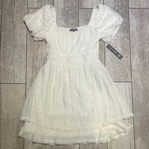 As U Wish White Puff Sleeve Smocked Waist Girls Dress